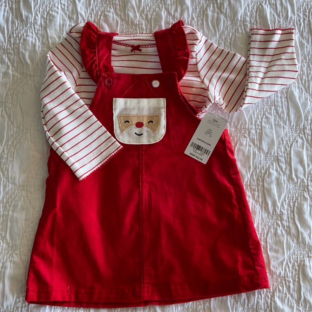 Carter’s Corduroy Santa Dress with Striped Red and White Top Size: 12M NWOT.